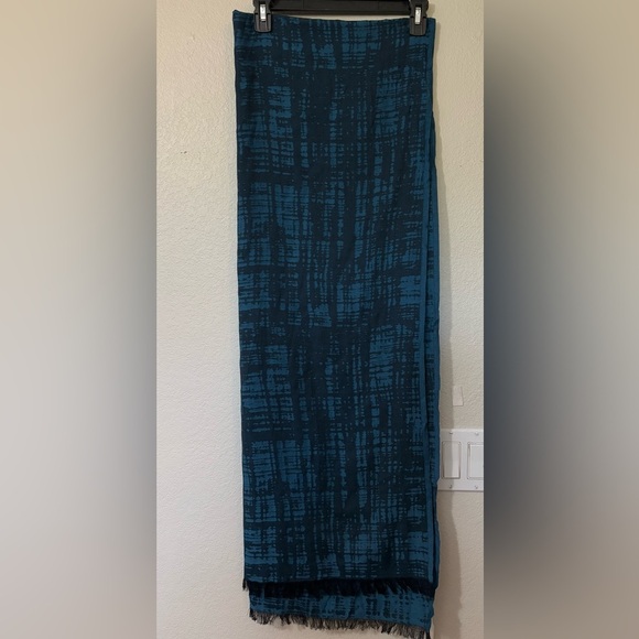 Eileen Fisher Teal and Black Patterned Textile Scarf. 27.5”x80”. Organic Cotton - Picture 1 of 11